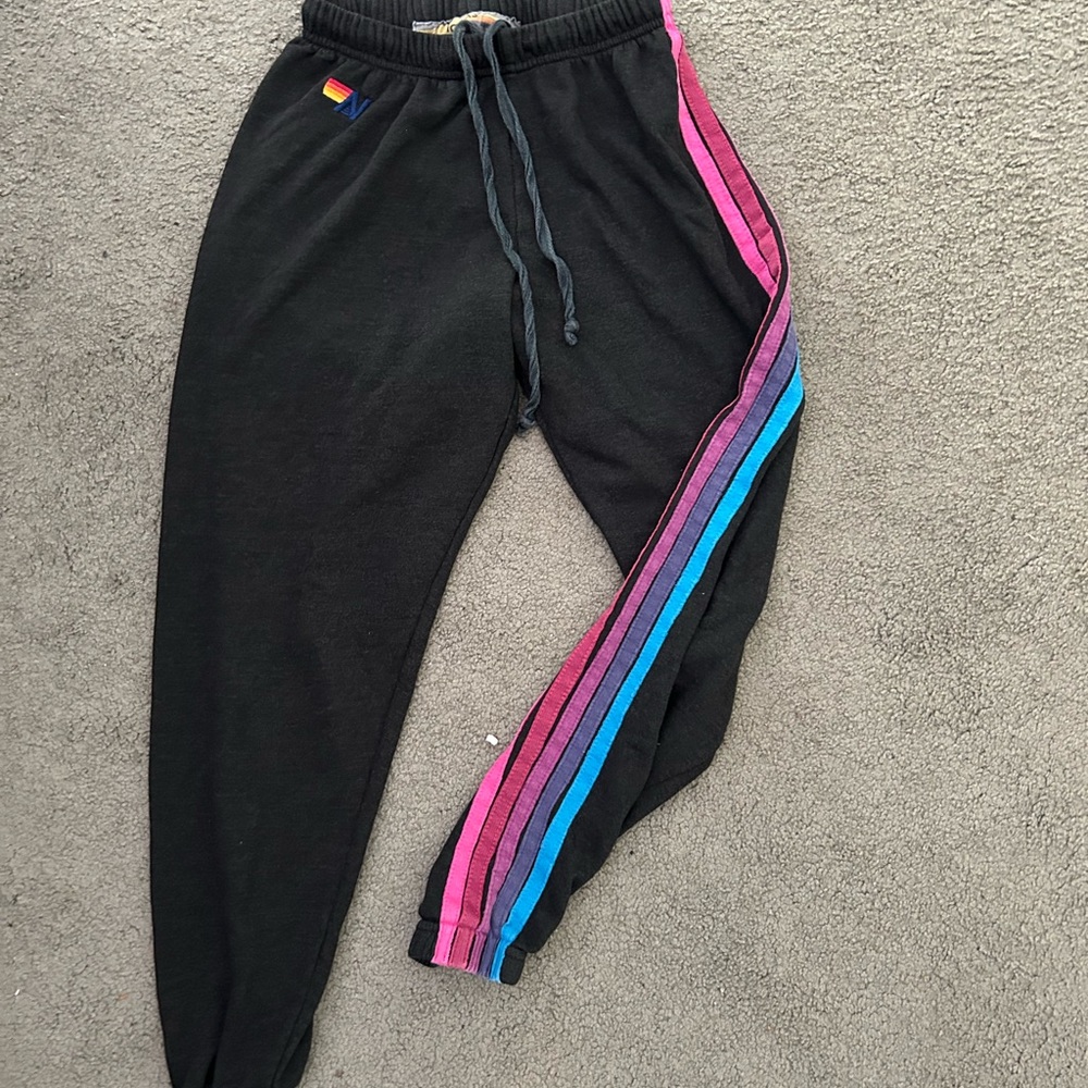 Aviator Nation Black and Pink Track Pants with Chevron Stripes